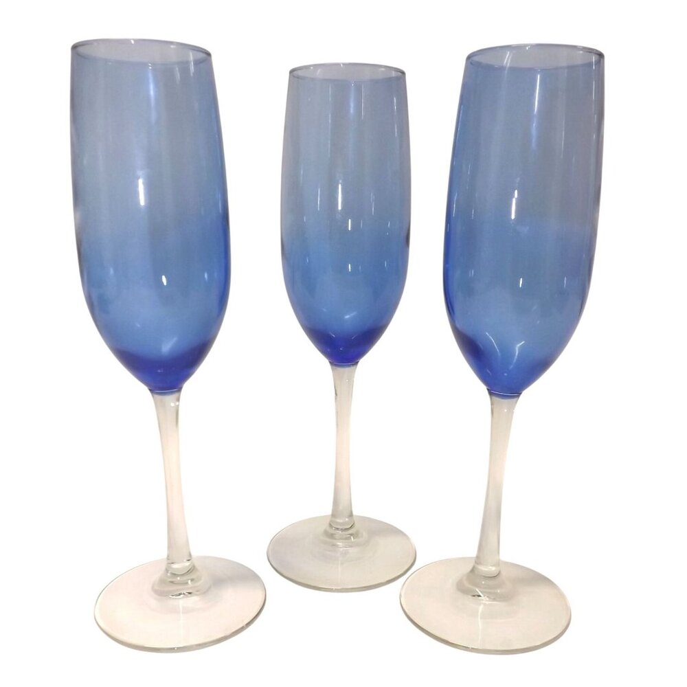 Blue Wine Vina By Libbey Glass Stemmed Flutes Set 3 Blue Glass Champagne Glasses